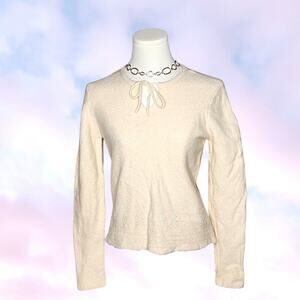Vtg Bass & Co Lambswool Off White Cream Beaded Flower Long Sleeve Sweater Sz L